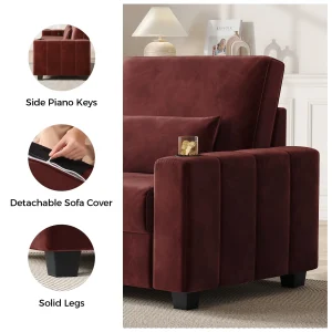 87-Large Loveseat Sofa, 3 Seater Couch with Storage, Velvet Fabric Deep Seat Sofa with Pillow& Cup Holders, Modern Comfy Sofa with USB& Type-C Ports, Home Sofa Couch for Living Room Bedroom