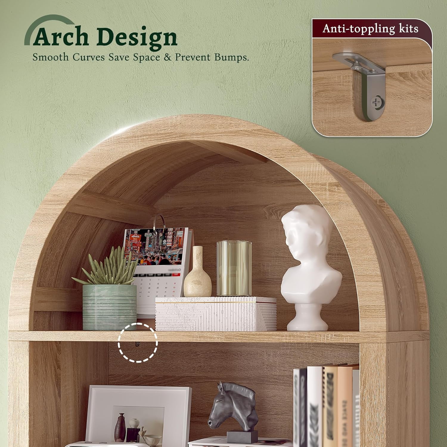 Bookshelf Arched Cabinet,5-Tier Arched Bookcase with Doors and Adjustable Shelves,Wooden Storage Cabinet with Open Display Shelf for Office,Living Room-Light Oak