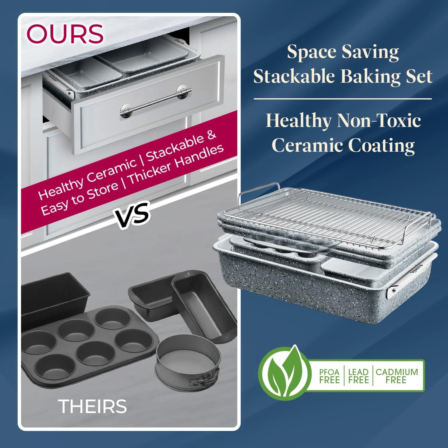 8-Piece Stackable Bakeware Set - Aluminized Steel with Ceramic Non-Stick Coating, Healthy Baking, Ergonomic Handles, Cooling Rack, Non-Toxic, Oven-Safe, Durable Quality