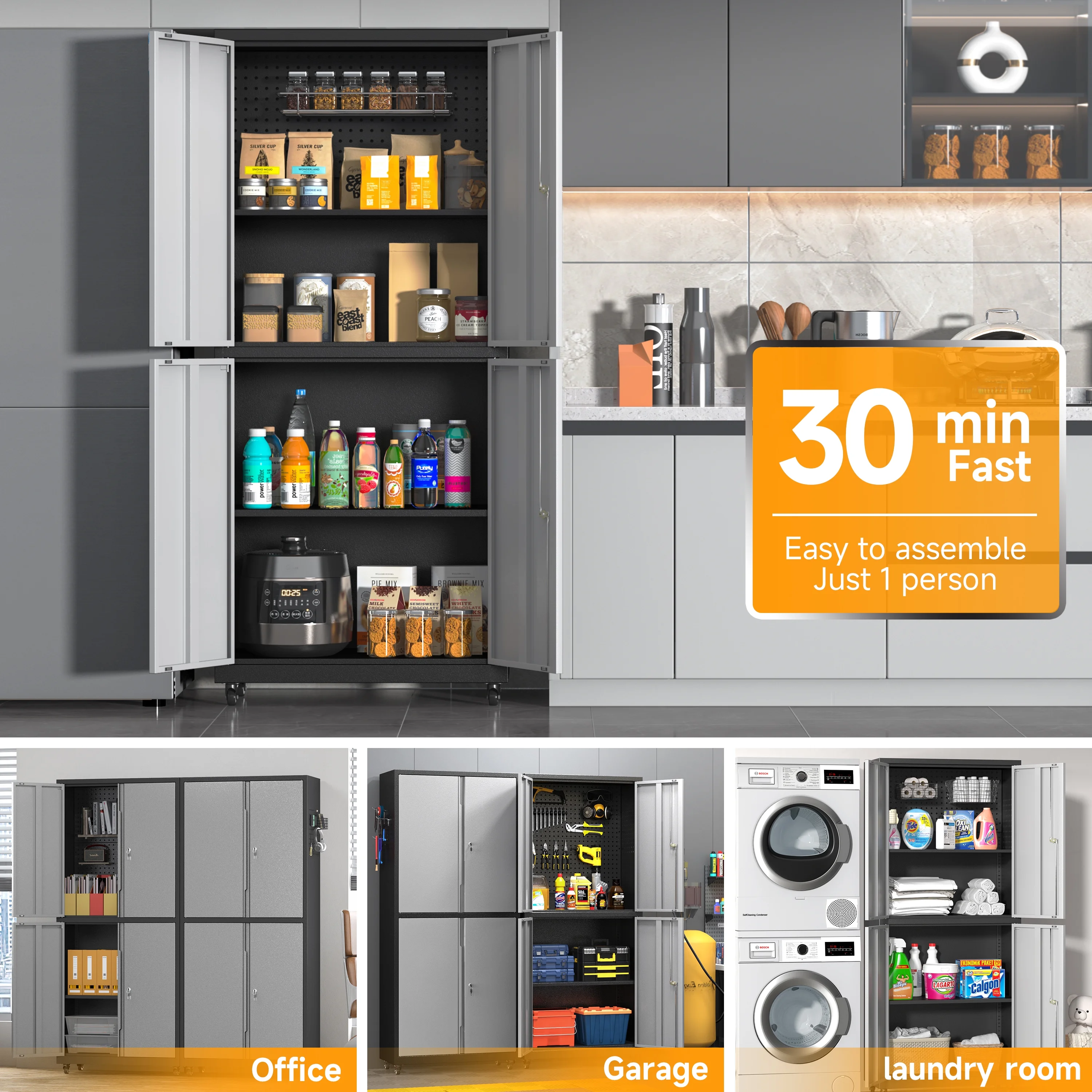 Metal Storage Cabinet with Wheels,Rolling Tool Cabinet with Doors and Adjustable Shelves,Heavy Duty Garage Storage Cabinet,Steel Locking Storage Cabinet for Garage/Warehouse/Office/School/Home-Black