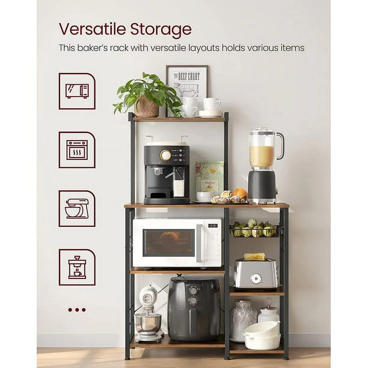 VASAGLE Baker's Rack Microwave Stand Kitchen Storage Rack with Wire Basket 6 Hooks & Shelves for Spices Pots & Pans Rustic Brown and Black Rustic Brown and Black
