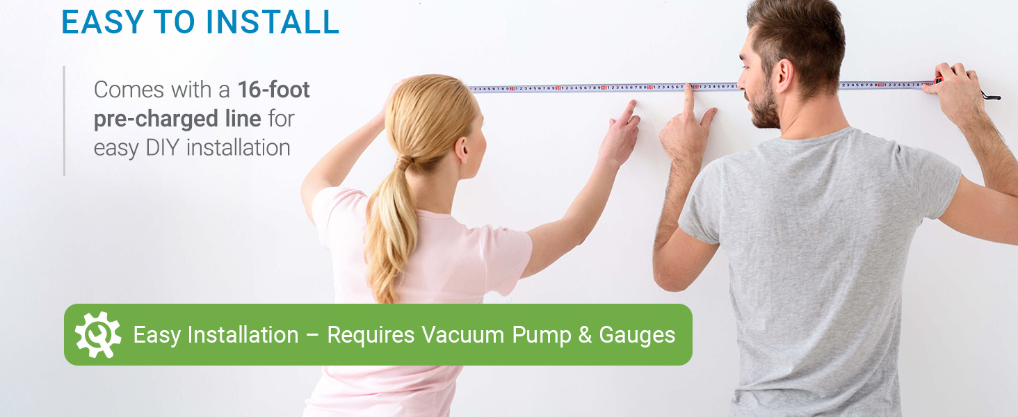 A woman and man measure a wall. showcasing a 16-foot pre-charged line for simple DIY installation.
