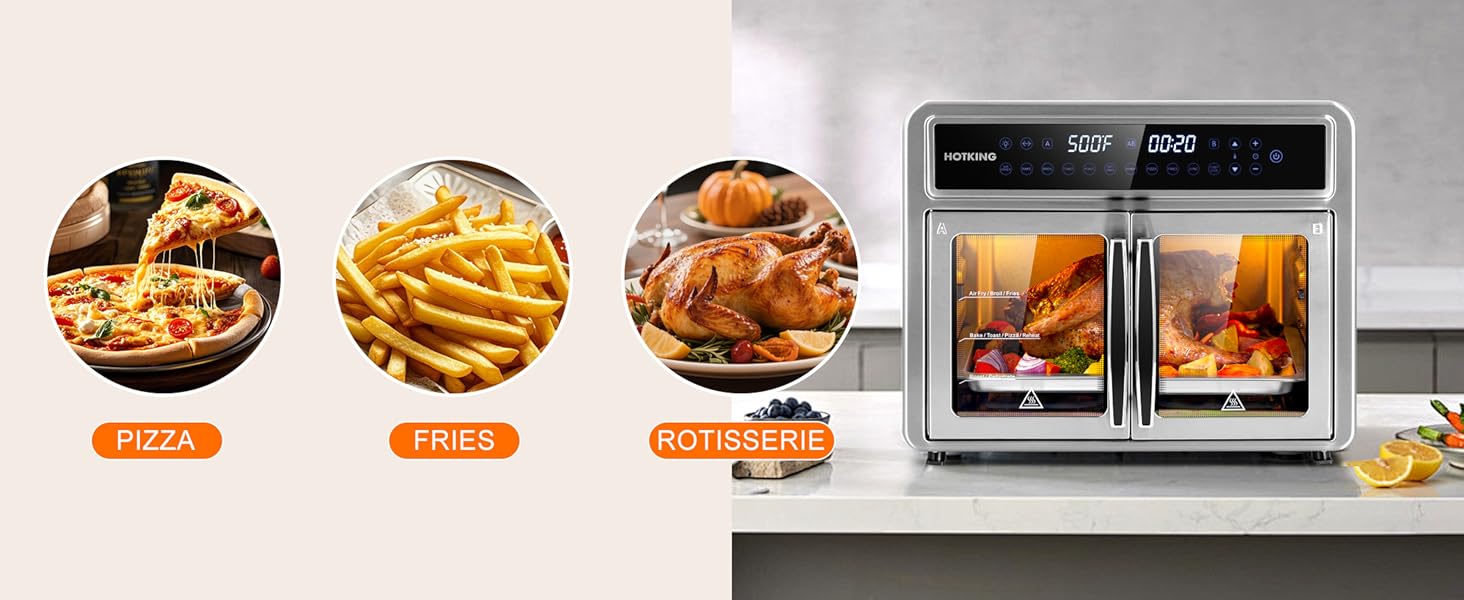 10-in-1 Versatility — air fry. bake. broil. toast. roast. dehydrate. reheat. pizza. fries. rotisserie