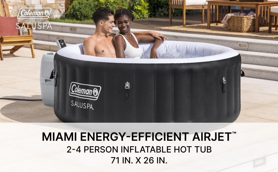 Promotional image of a Coleman SaluSpa Miami energy-efficient inflatable hot tub. showing a smiling