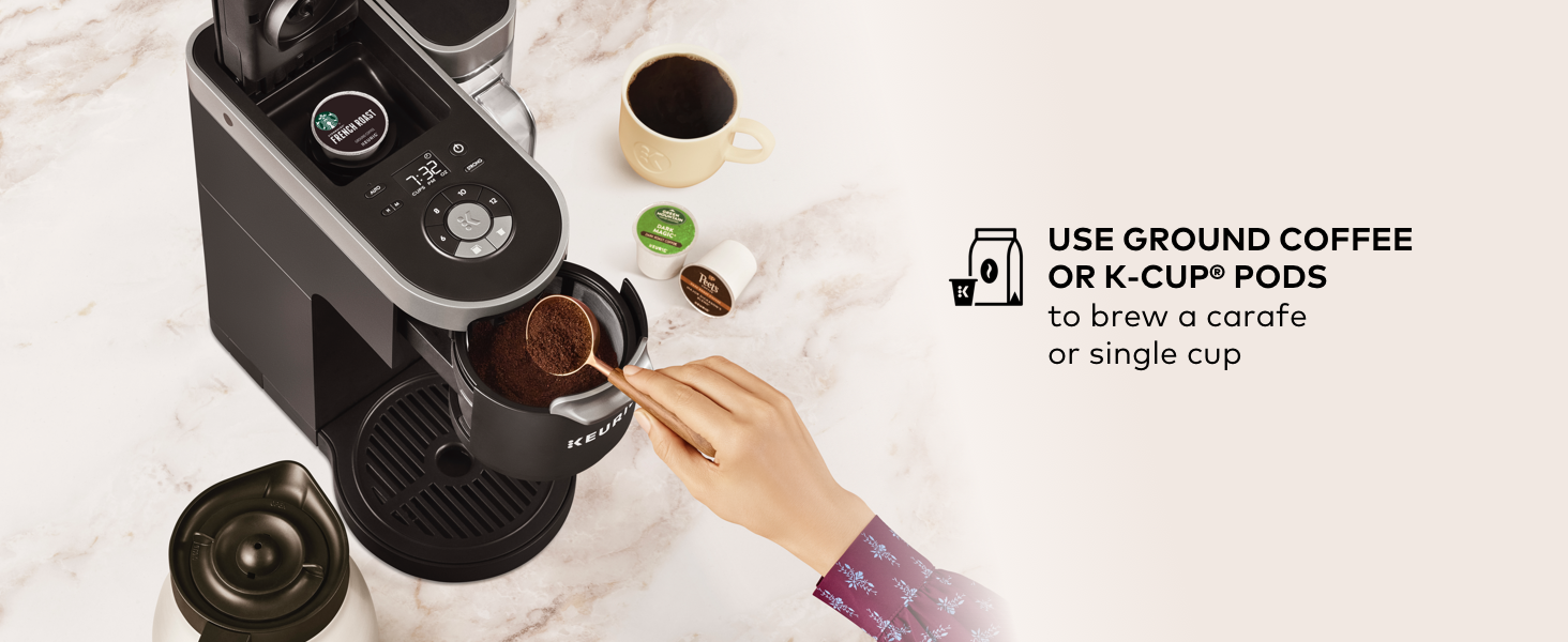 keurig k-duo single serve and carafe coffee maker. coffeemaker. kduo. brewer. ground coffee