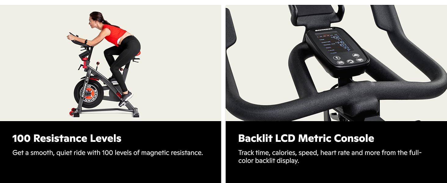 100 resistance levels. backlit LCD metric console