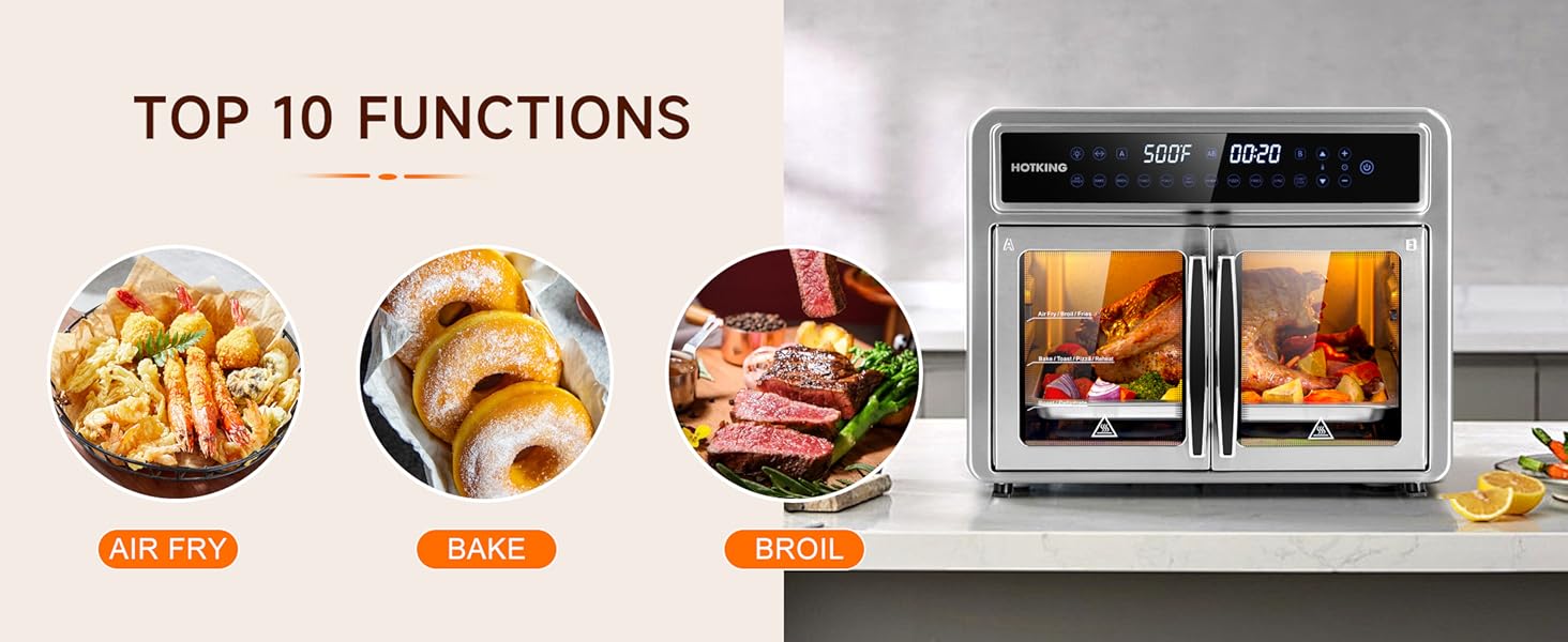 10-in-1 Versatility — air fry. bake. broil. toast. roast. dehydrate. reheat. pizza. fries. rotisserie
