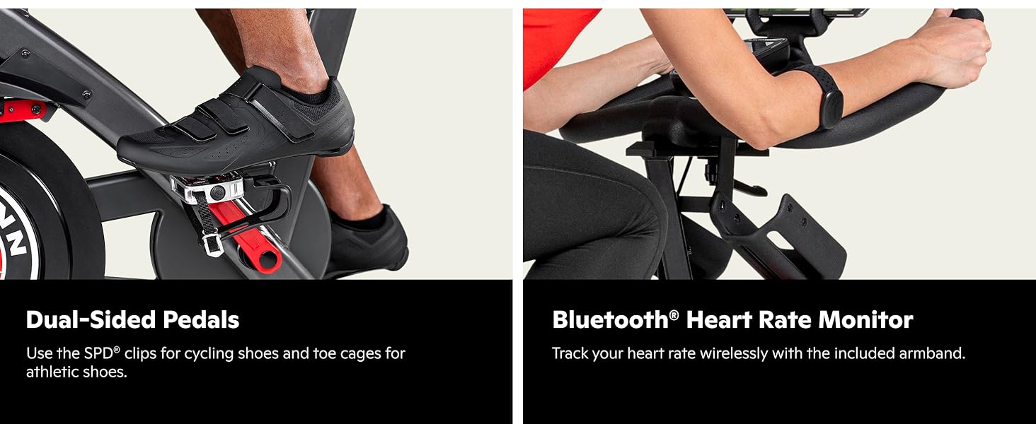 Dual-sided pedals. Bluetooth heart rate monitor